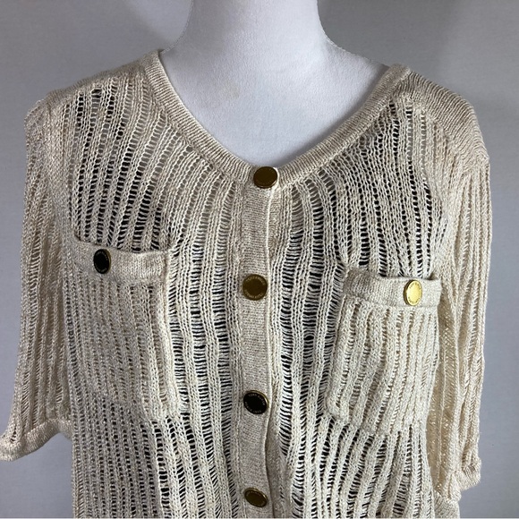 EUC TORY BURCH Women’s Natural Linen Knit Button Down Top, Size Large - Picture 3 of 9